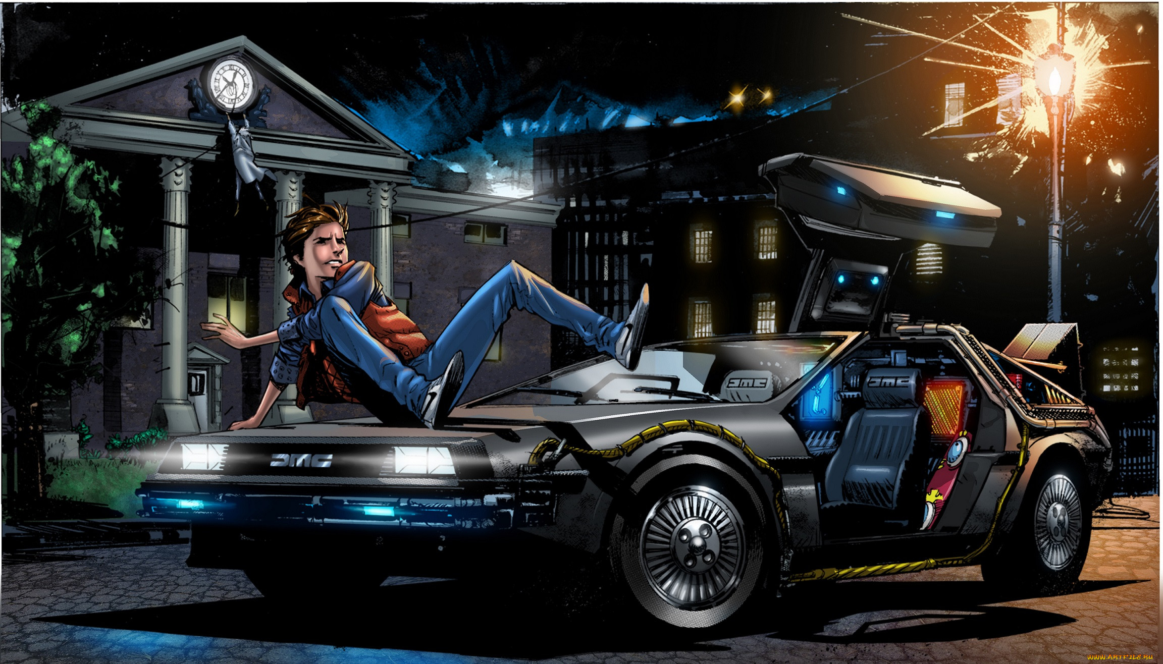 Обои Back to the Future Рисованное -(Кино, Мультфильмы), обои для рабочего  стола, фотографии back to the future, рисованное, кино, фон, time, machine,  back, to, the, future, дверь, передок, машина, времени, назад, в,